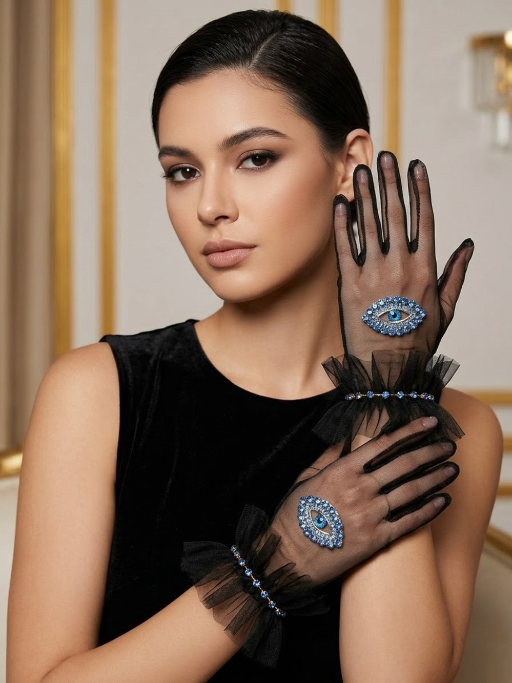 Sheer Black Tulle Gloves with Blue Beaded Eye Accent